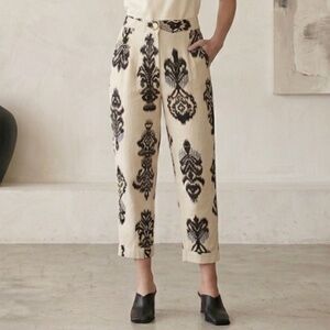 DIXIE Cotton Stretch Cropped Pleated Pant Cream Black Ikat Print Size Medium